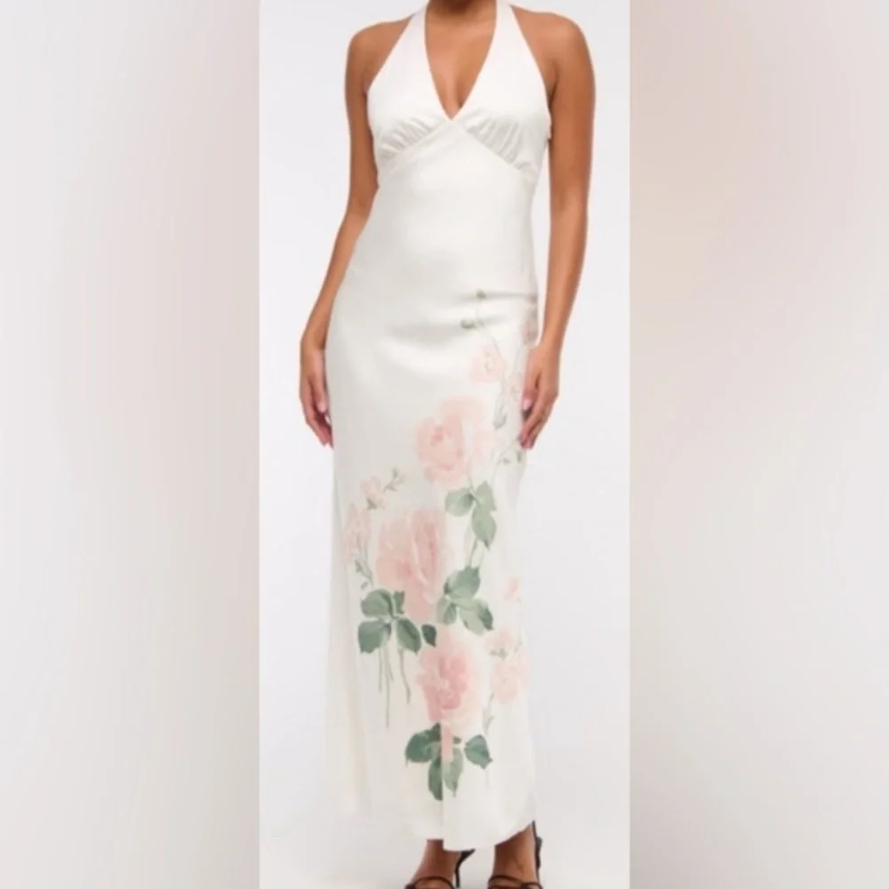 A&F Julia Slip Halter Maxi Dress: White Satin w/ Pale Pink Flowers/Size Petite L